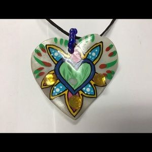 Heart shell painted rhinestone necklace as is